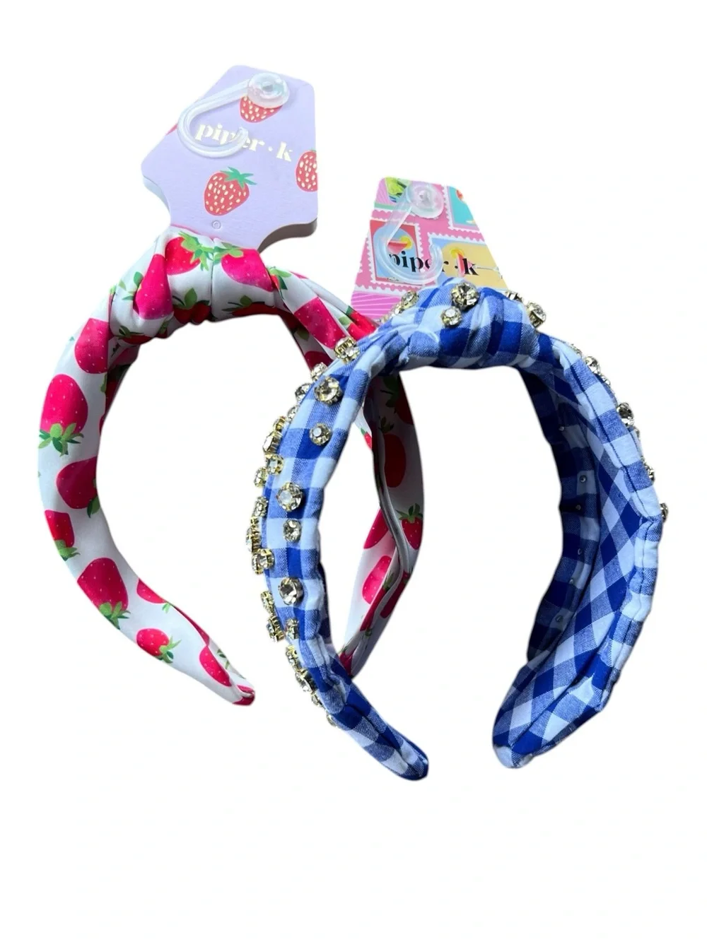 Piper K Pair of Headbands Blue White Gingham Rhinestones & A Strawberry Print